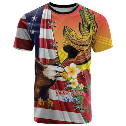 Personalised United States And Hawaii T-Shirt USA Eagle With Hawaiian Shark Tattoo Graphic Tee