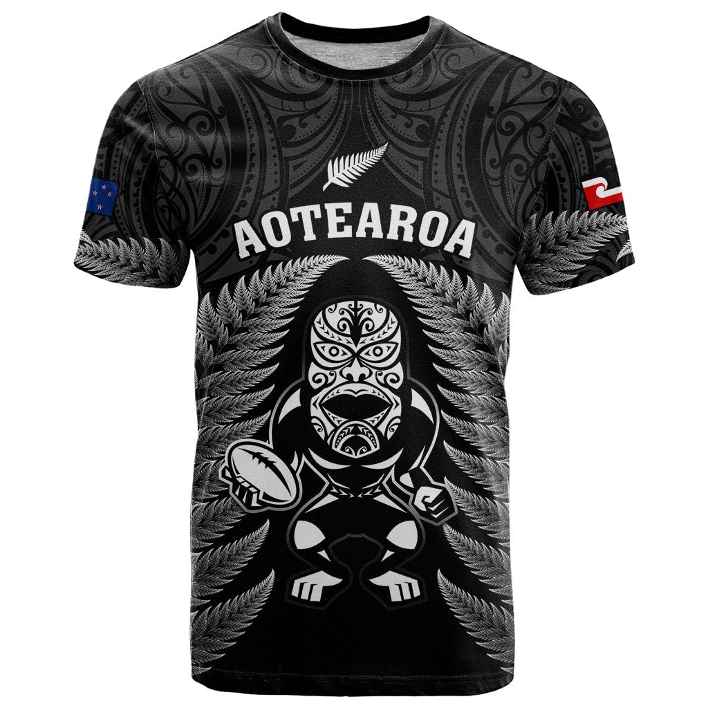 Custom New Zealand Aotearoa Rugby T-Shirt NZ Tiki With Maori Fern World Cup Black Version Graphic Tee