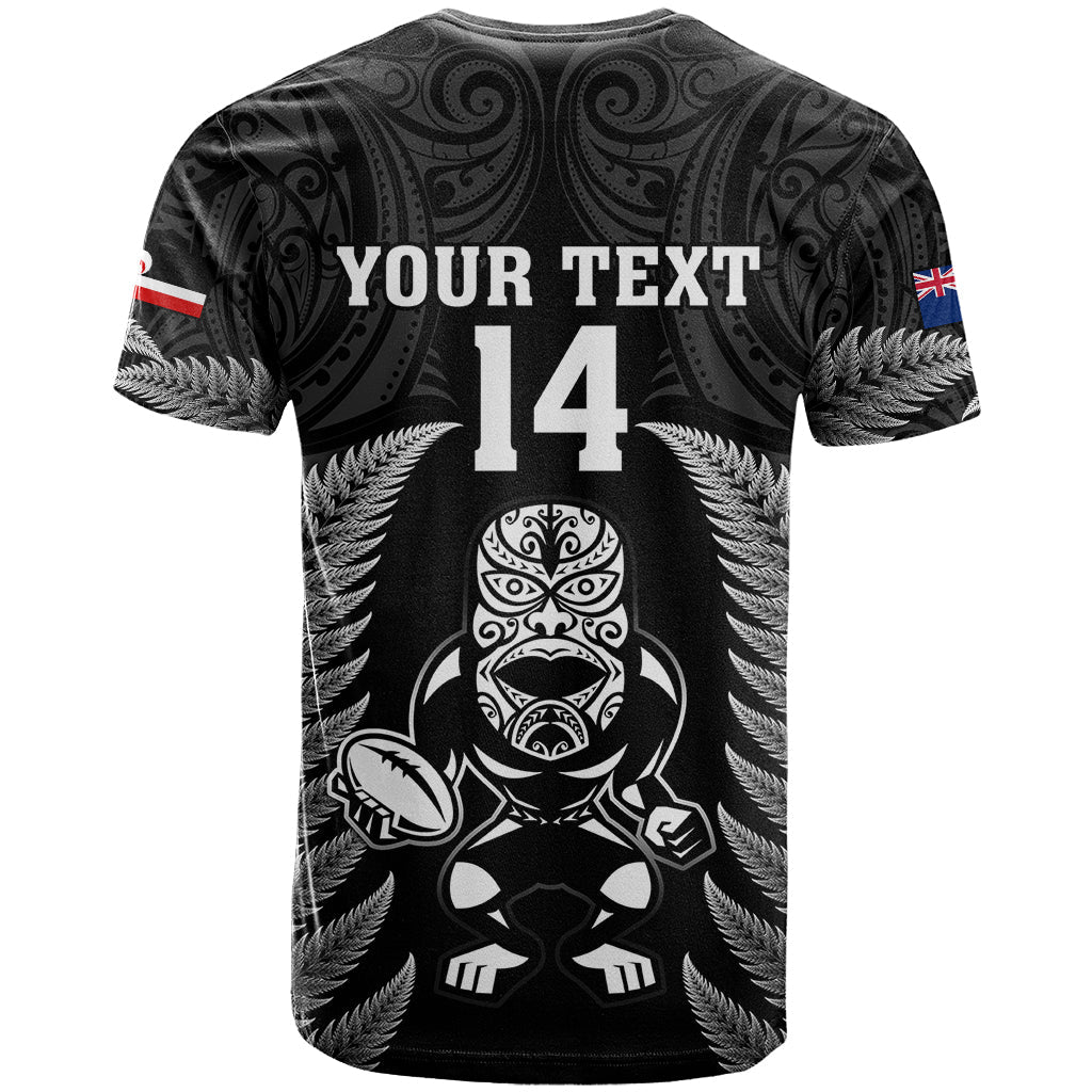 Custom New Zealand Aotearoa Rugby T-Shirt NZ Tiki With Maori Fern World Cup Black Version Graphic Tee