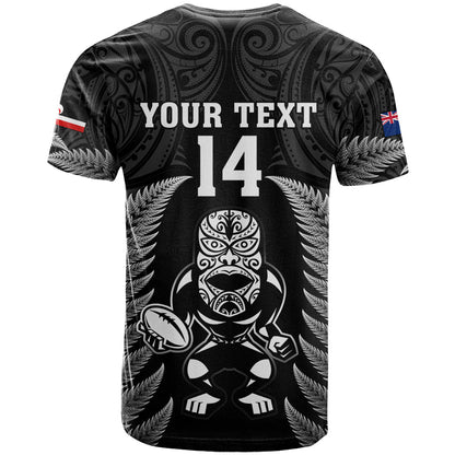 Custom New Zealand Aotearoa Rugby T-Shirt NZ Tiki With Maori Fern World Cup Black Version Graphic Tee