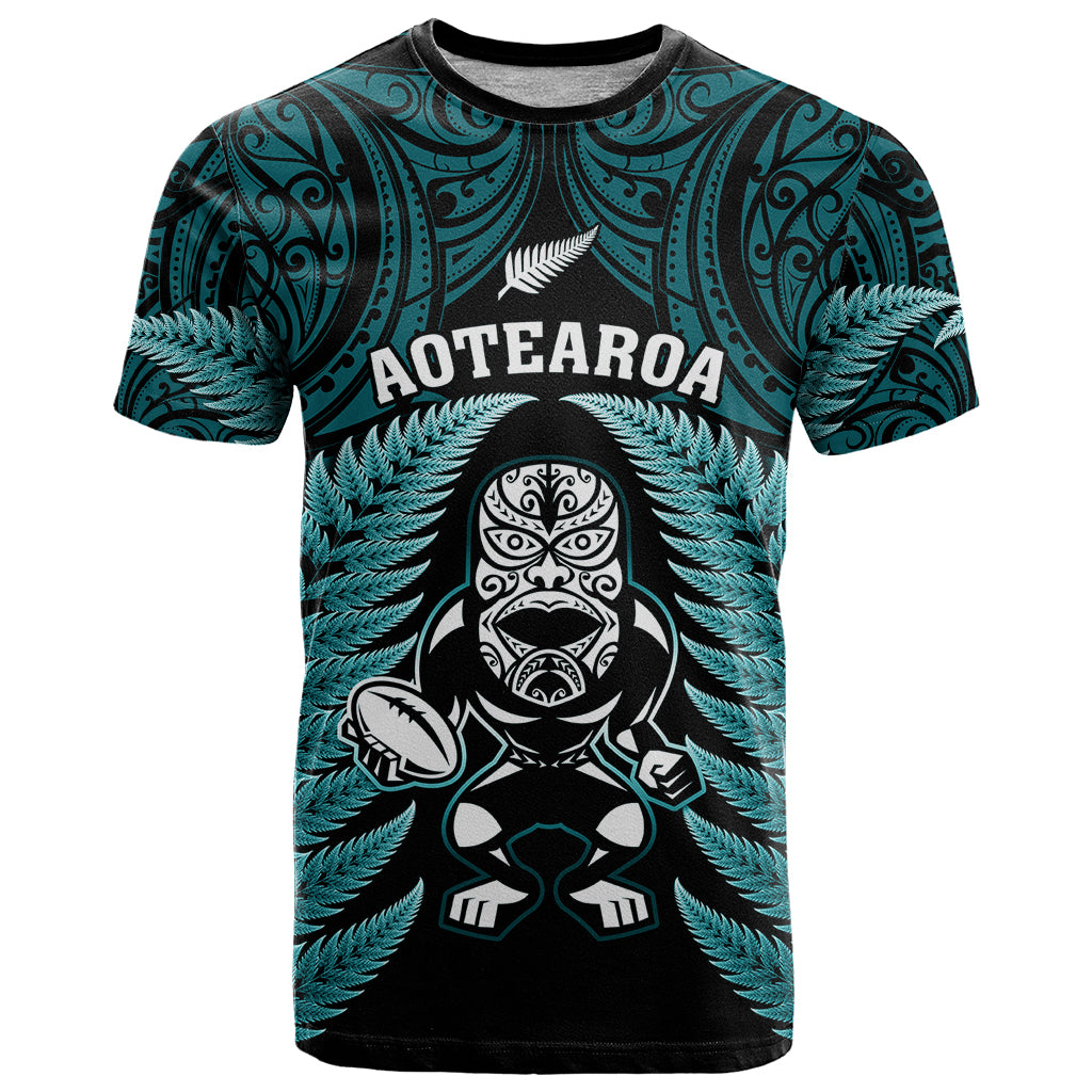 New Zealand Aotearoa Rugby T-Shirt NZ Tiki With Maori Fern World Cup Turquoise Version Graphic Tee