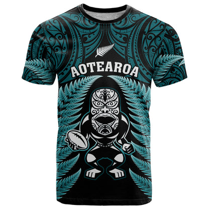 New Zealand Aotearoa Rugby T-Shirt NZ Tiki With Maori Fern World Cup Turquoise Version Graphic Tee