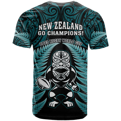 New Zealand Aotearoa Rugby T-Shirt NZ Tiki With Maori Fern World Cup Turquoise Version Graphic Tee