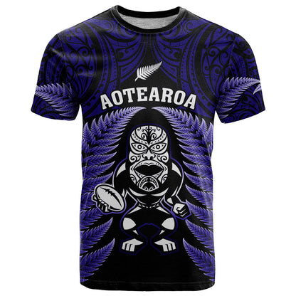 New Zealand Aotearoa Rugby T-Shirt NZ Tiki With Maori Fern World Cup Blue Version Graphic Tee