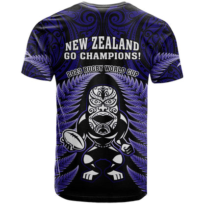 New Zealand Aotearoa Rugby T-Shirt NZ Tiki With Maori Fern World Cup Blue Version Graphic Tee
