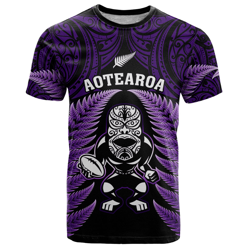 New Zealand Aotearoa Rugby T-Shirt NZ Tiki With Maori Fern World Cup Purple Version Graphic Tee