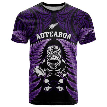 New Zealand Aotearoa Rugby T-Shirt NZ Tiki With Maori Fern World Cup Purple Version Graphic Tee