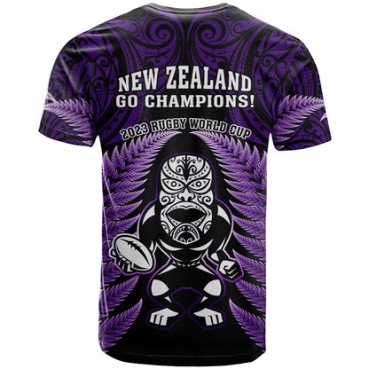 New Zealand Aotearoa Rugby T-Shirt NZ Tiki With Maori Fern World Cup Purple Version Graphic Tee