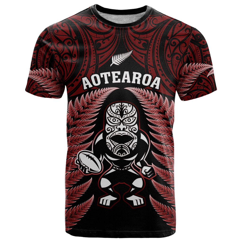 New Zealand Aotearoa Rugby T-Shirt NZ Tiki With Maori Fern World Cup Red Version Graphic Tee