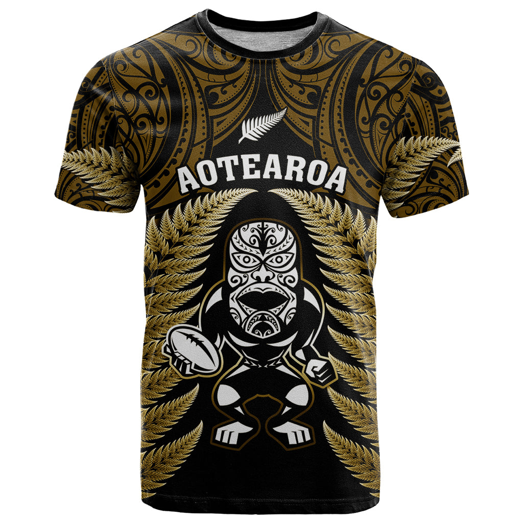 New Zealand Aotearoa Rugby T-Shirt NZ Tiki With Maori Fern World Cup Gold Version Graphic Tee