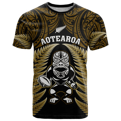 New Zealand Aotearoa Rugby T-Shirt NZ Tiki With Maori Fern World Cup Gold Version Graphic Tee
