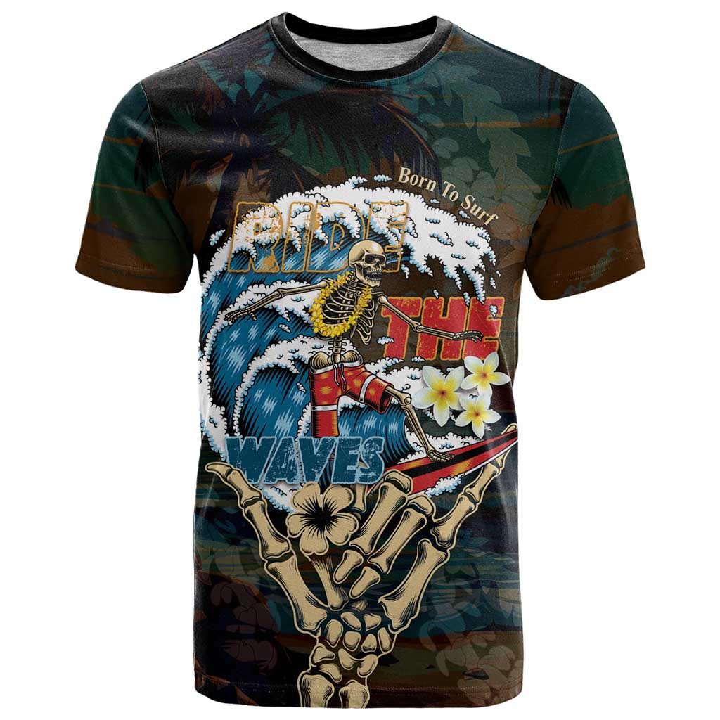 Aloha Hawaii Surfing Skull T-Shirt Shaka Skeleton Ride The Waves Graphic Tee