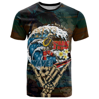Aloha Hawaii Surfing Skull T-Shirt Shaka Skeleton Ride The Waves Graphic Tee