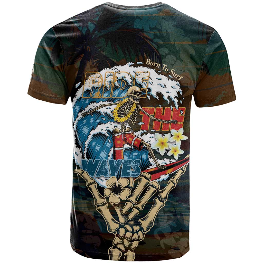 Aloha Hawaii Surfing Skull T-Shirt Shaka Skeleton Ride The Waves Graphic Tee