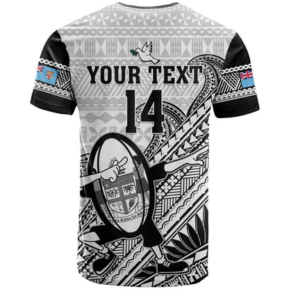 Custom Fiji Tapa Rugby T-Shirt Flying Fijian World Cup With Dabbing Ball Graphic Tee