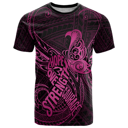 Polynesia Breast Cancer Awareness T-Shirt No One Fights Alone Pink Ribbon With Butterfly Graphic Tee