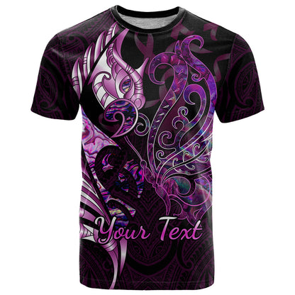 Personalised New Zealand Breast Cancer T-Shirt Fight Like A Girl Pink Manaia Fern With Paua Shell Graphic Tee