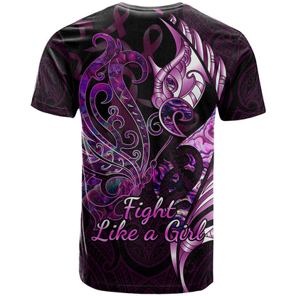 Personalised New Zealand Breast Cancer T-Shirt Fight Like A Girl Pink Manaia Fern With Paua Shell Graphic Tee