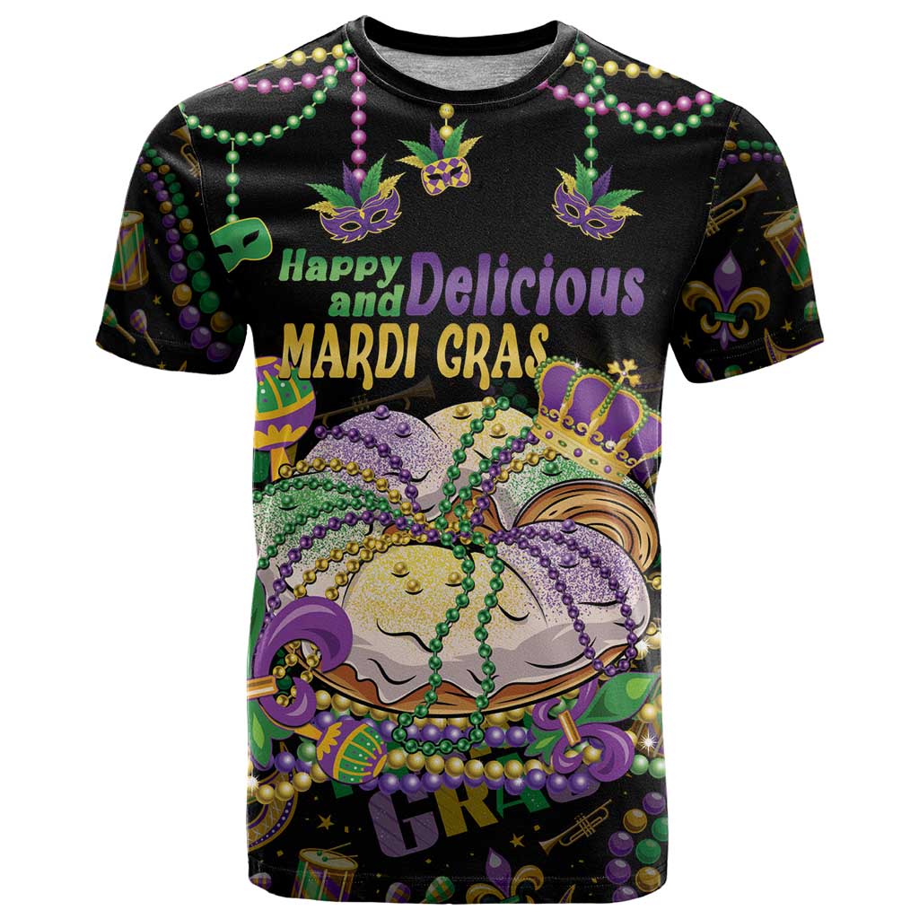 Happy And Delicious Mardi Gras T-Shirt King Cake And Luxury Beadeds Graphic Tee