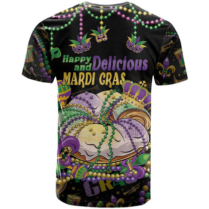 Happy And Delicious Mardi Gras T-Shirt King Cake And Luxury Beadeds Graphic Tee