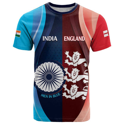 Custom India And England Cricket T-Shirt 2025 Men In Blue Three Lions Together Graphic Tee