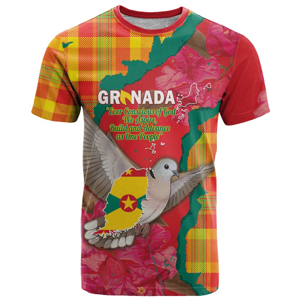 Grenada Independence Day Personalized T-Shirt Tropical Dove Bougainvillea Madras Pattern Graphic Tee
