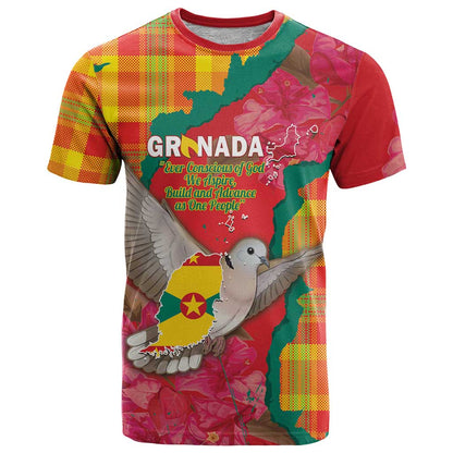 Grenada Independence Day Personalized T-Shirt Tropical Dove Bougainvillea Madras Pattern Graphic Tee
