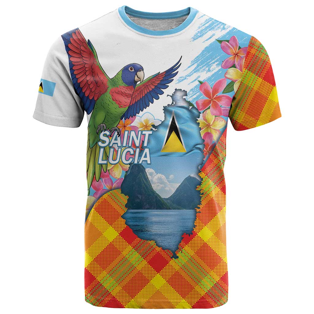 Saint Lucia Independence Day T-Shirt Saint Lucian Map Pitons Madras Pattern Graphic Tee