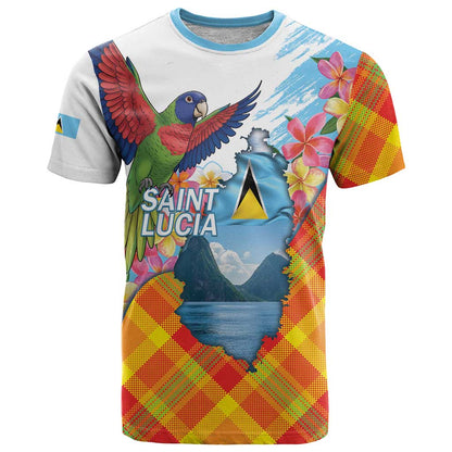 Saint Lucia Independence Day T-Shirt Saint Lucian Map Pitons Madras Pattern Graphic Tee