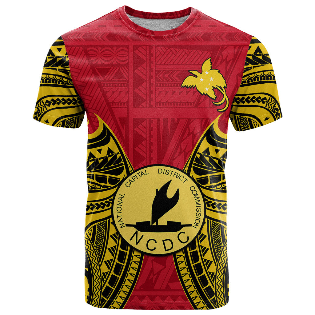 Custom Papua New Guinea T-Shirt National Capital District Mix Coat Of Arms Polynesian Art Graphic Tee