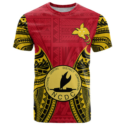 Custom Papua New Guinea T-Shirt National Capital District Mix Coat Of Arms Polynesian Art Graphic Tee
