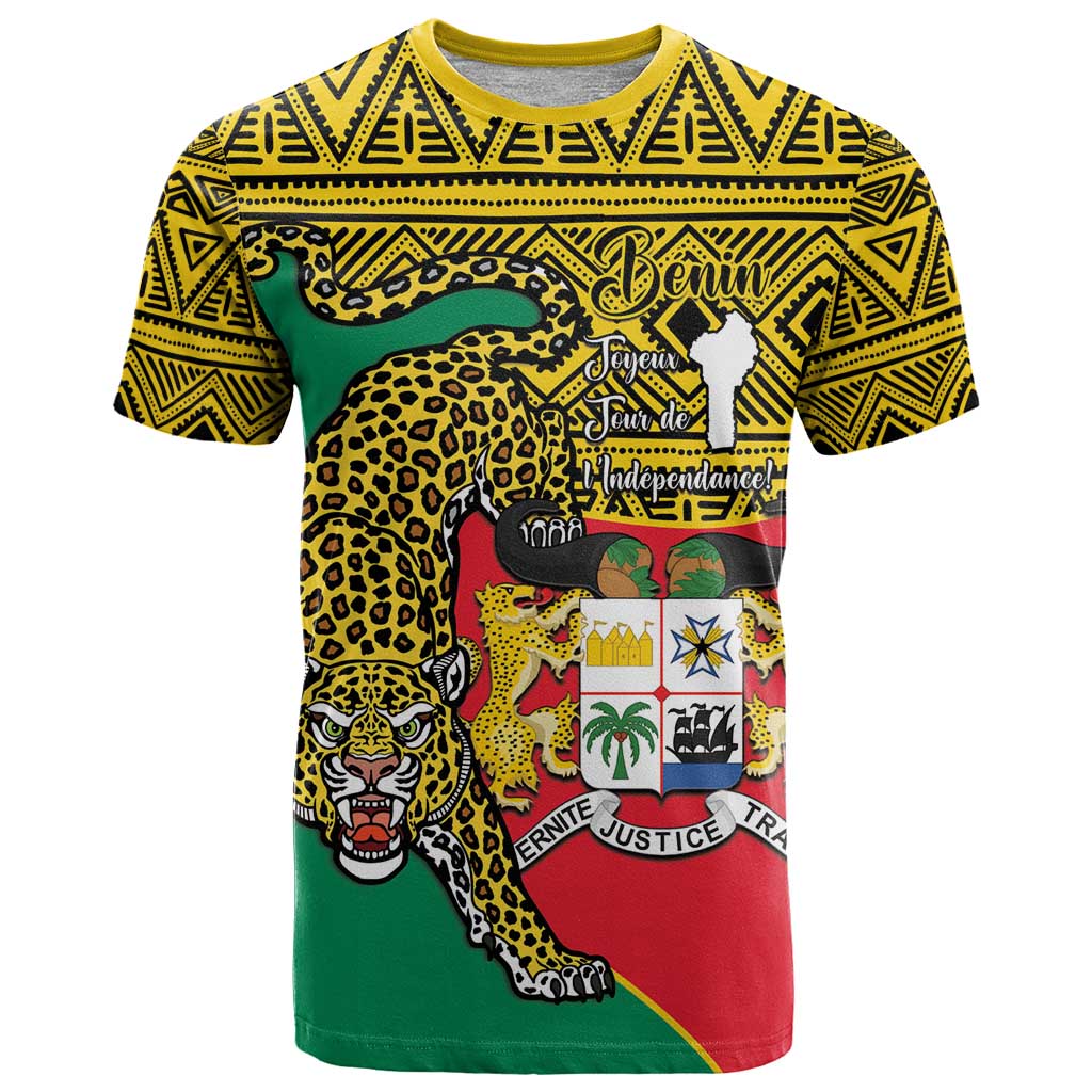 Personalised Benin National Day T-Shirt Coat Of Arms With Leopard African Pattern Graphic Tee