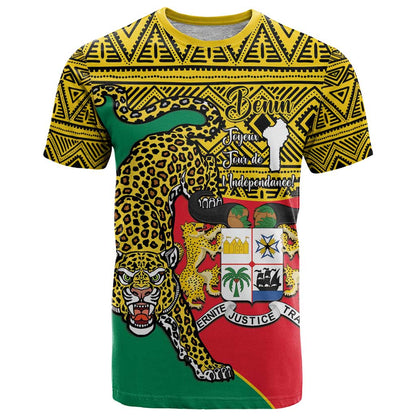 Personalised Benin National Day T-Shirt Coat Of Arms With Leopard African Pattern Graphic Tee