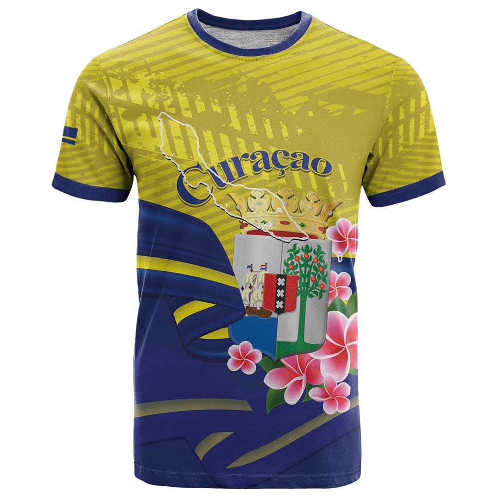 Curacao Flag Day T-Shirt Felis Dia di Bandera Pink Plumeria Graphic Tee