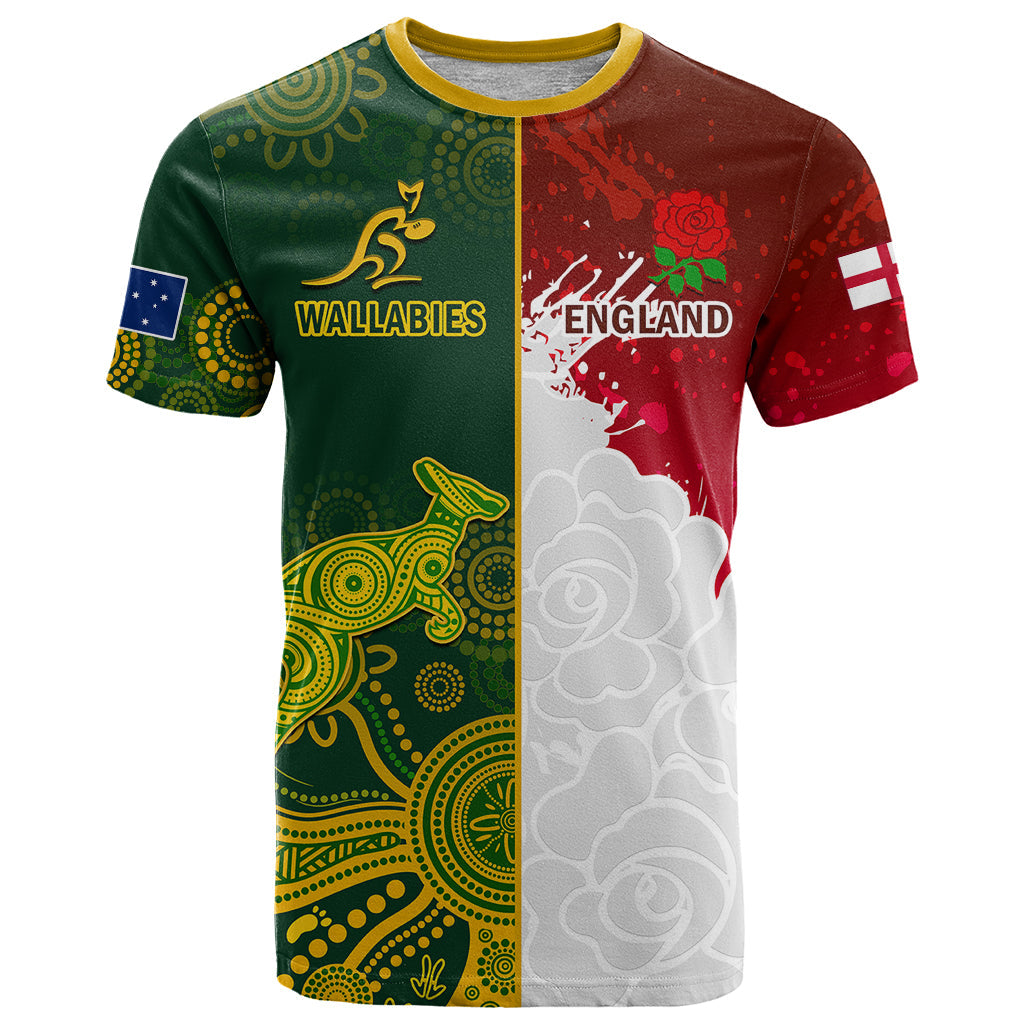 Personalised Australia And England Rugby T-Shirt Indigenous Wallabies With Red Roses Sporty Version Graphic Tee