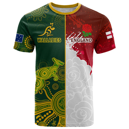 Personalised Australia And England Rugby T-Shirt Indigenous Wallabies With Red Roses Sporty Version Graphic Tee