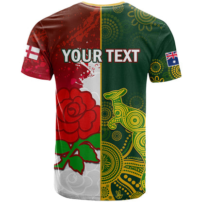 Personalised Australia And England Rugby T-Shirt Indigenous Wallabies With Red Roses Sporty Version Graphic Tee