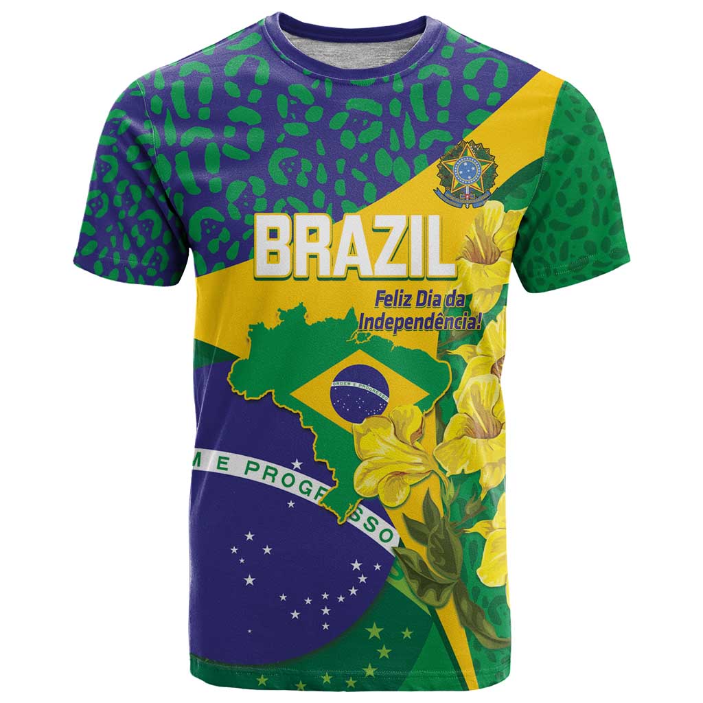Brazil Independence Day T-Shirt Ordem e Progresso Map With Golden Trumpet Graphic Tee