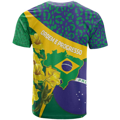 Brazil Independence Day T-Shirt Ordem e Progresso Map With Golden Trumpet Graphic Tee