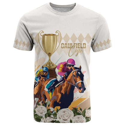 Australia Cup Caulfield Horse Racing T-Shirt Champion Trophy Mix White Roses Graphic Tee