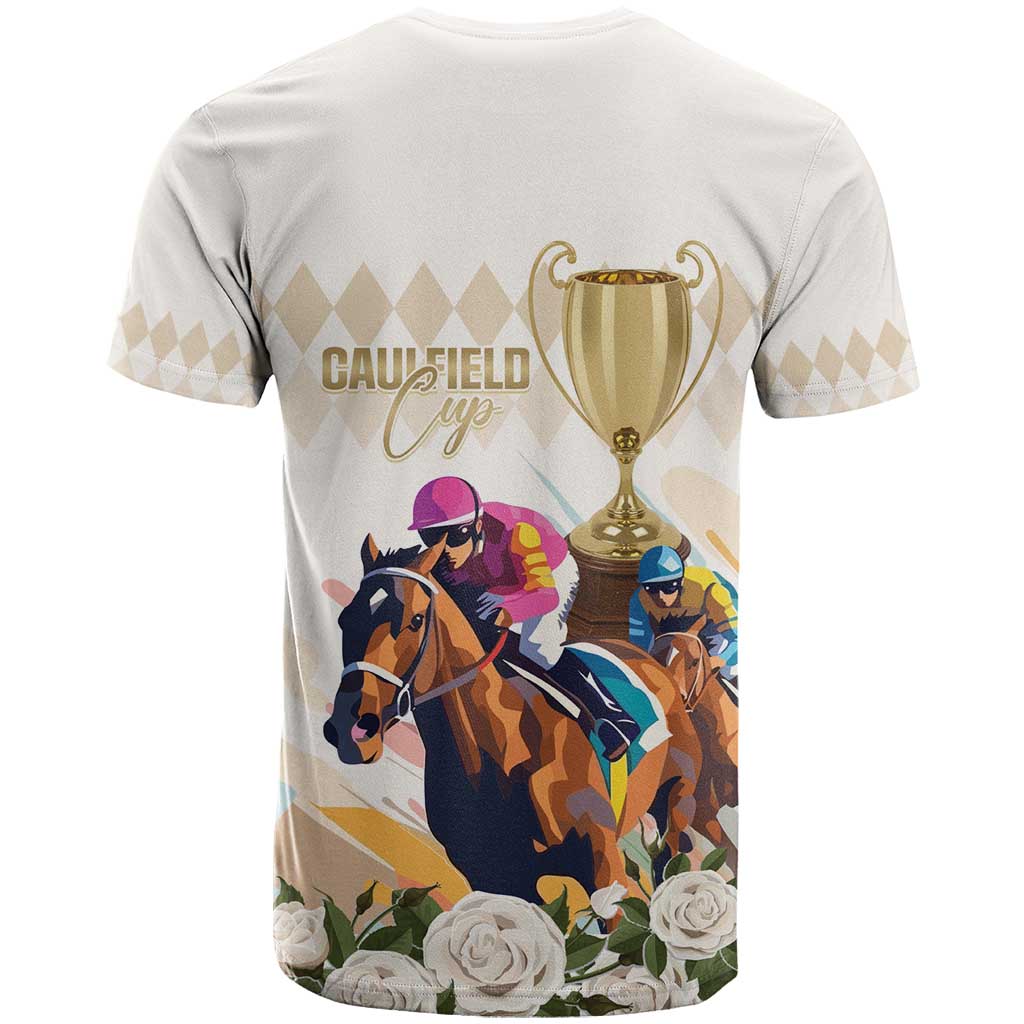 Australia Cup Caulfield Horse Racing T-Shirt Champion Trophy Mix White Roses Graphic Tee