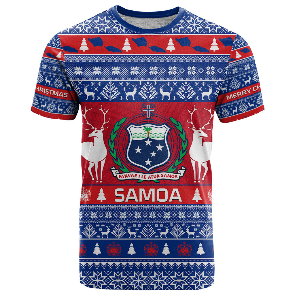 Personalised Samoa Christmas T-Shirt Samoan Coat Of Arms Manuia Le Kirisimas Graphic Tee