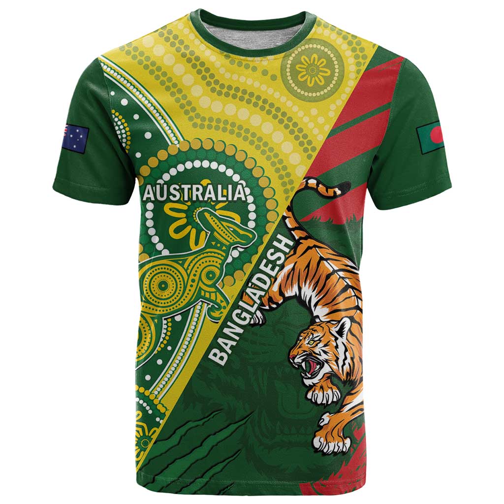 Custom Bangladesh And Australia Cricket T-Shirt Kangaroo Tiger Together Graphic Tee