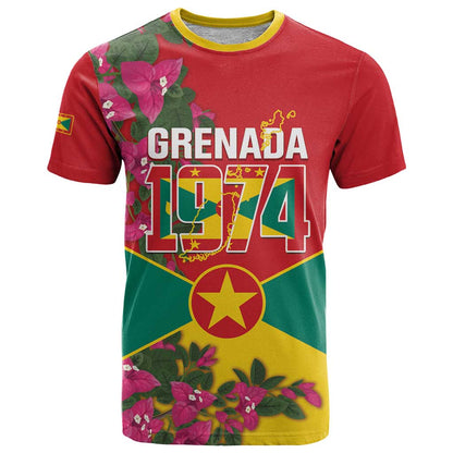Grenada 1974 T-Shirt Gwenad Map With Bougainvillea - Flag Color Graphic Tee