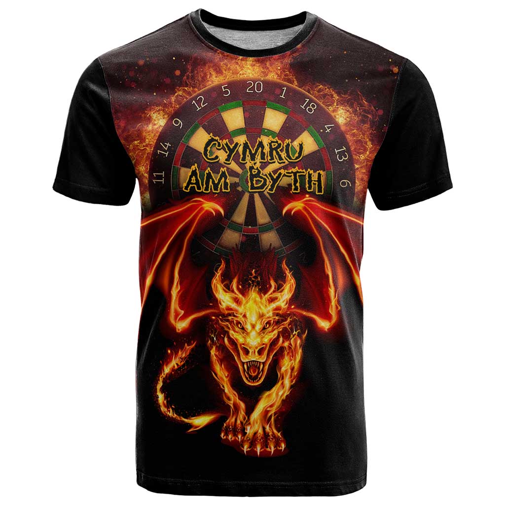 Cymru Am Byth Wales Darts T-Shirt Go Welsh Flame Style Graphic Tee