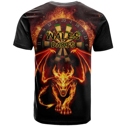 Cymru Am Byth Wales Darts T-Shirt Go Welsh Flame Style Graphic Tee