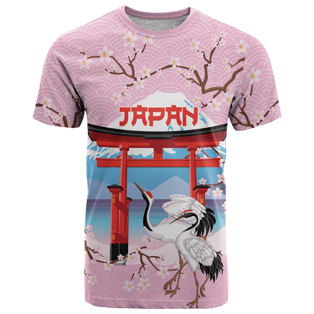 Japanese Torii Gate Cranes Personalised T-Shirt Fuji Mount Sakura Seigaiha Pattern Graphic Tee