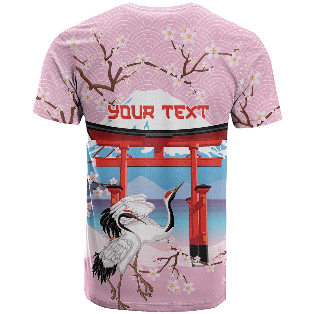 Japanese Torii Gate Cranes Personalised T-Shirt Fuji Mount Sakura Seigaiha Pattern Graphic Tee