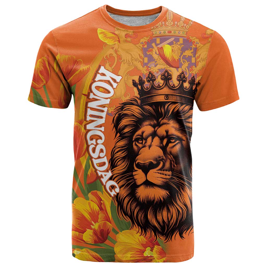 Nederland Fijne Koningsdag T-Shirt Netherlands Lion With Orange Tulips Graphic Tee