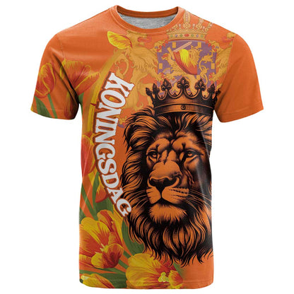 Nederland Fijne Koningsdag T-Shirt Netherlands Lion With Orange Tulips Graphic Tee